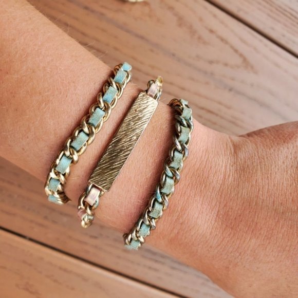 Pink Teal Vegan Leather Wrap Bracelet Gold Chain Glam Party Casual Boho Layered - Picture 3 of 9